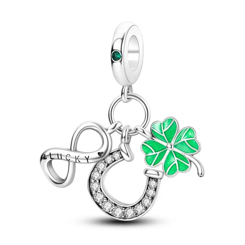 MULA Lucky Charms - Four Leaf Clover, Horseshoe and Infinity Pendant, 925 Silver Plated Beads, for Women and Girls, Suitable for Bracelets and Necklaces from Pandora