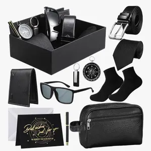 Geyoga Men's Gift Set 12-Piece PU Leather Wallet, Toiletry Bag, Tie, Socks, Belt, Keychain, Sunglasses, Pen, Compass, Greeting Card, Gift Box for Father's Day & Birthdays