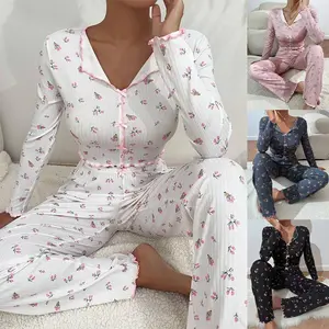 Women's Ribbed Floral Pajama Set - 2 Piece Lettuce Edge Long Sleeve Top & Pants Sleepwear Soft V-Neck Loungewear Cute Coquette PJs