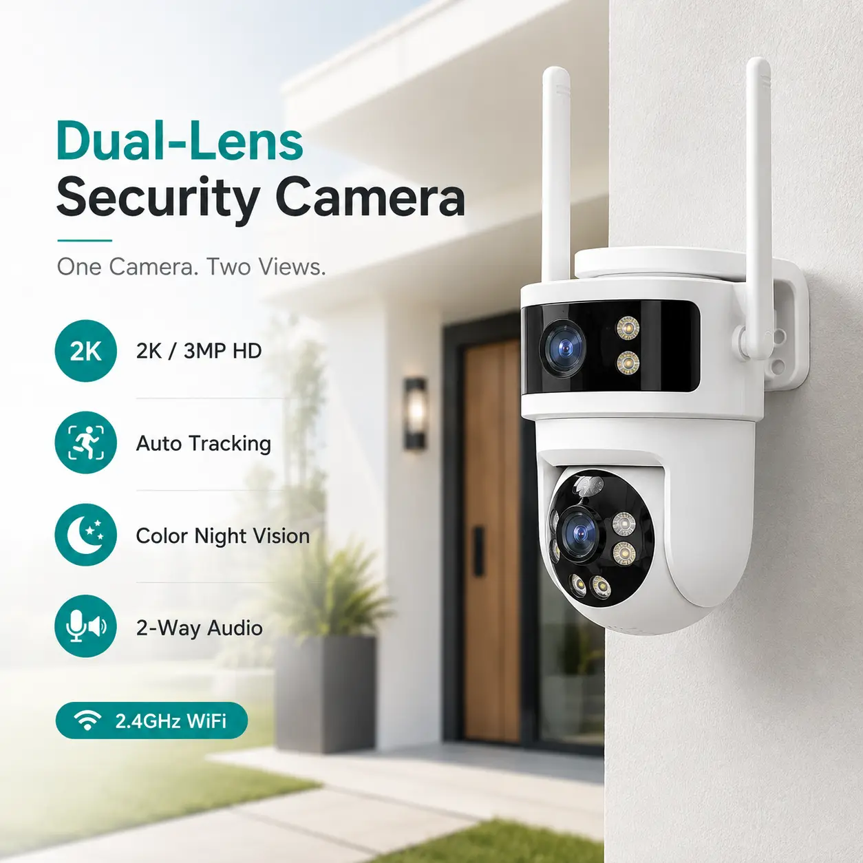 2K/3MP Dual-Lens WiFi Security Camera - Fixed + PTZ Dual View, 355° Pan 90° Tilt, AI Human Detection, Auto Tracking, Color Night Vision, 2-Way Audio, IP65 Outdoor Camera for Home, Local/Remote Monitoring, SD Card Support