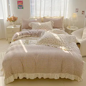 3pcs Korean Style Plaid Mushroom Print Bedding Set, Includes 1 Fitted Sheet and 2 Pillowcases, Soft Breathable Fabric