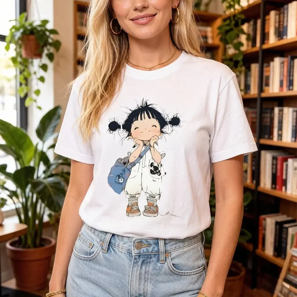 Women's 100_ Cotton Oversized Short-Sleeve Graphic T-Shirt, Whimsical Sketch Girl with Backpack Prin
