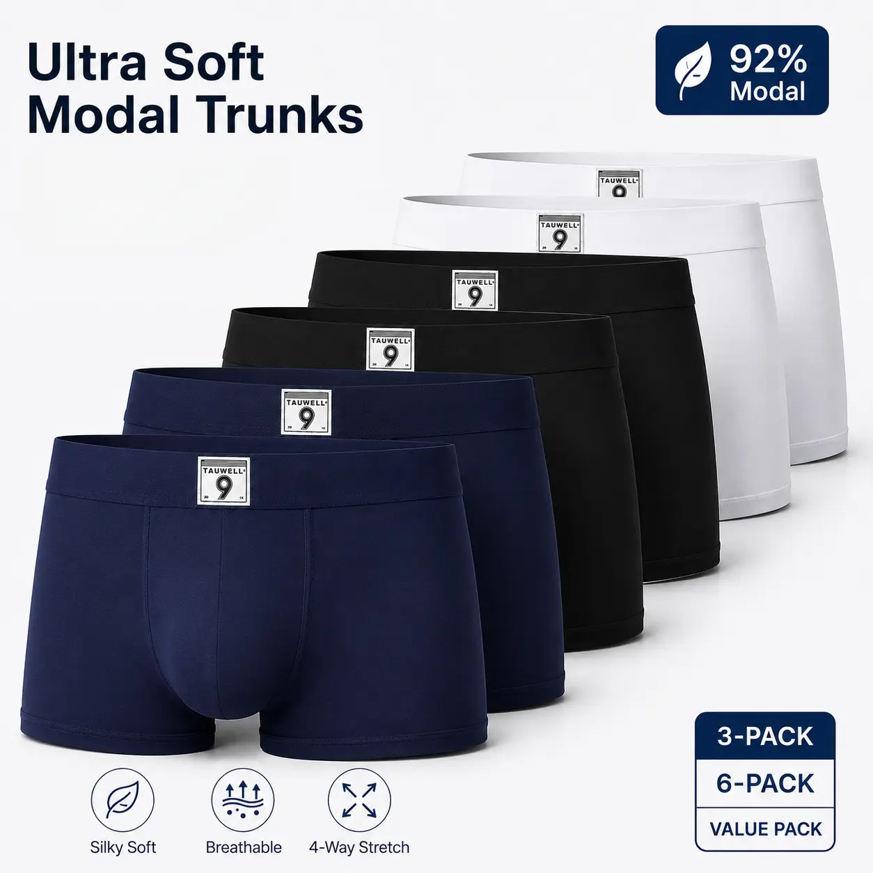 TAUWELL Men's Modal Boxer Briefs 3/6 Pack – Ultra Soft 92% Modal Stretch Trunks, Breathable Lightweight Underwear for Everyday Comfort-22201