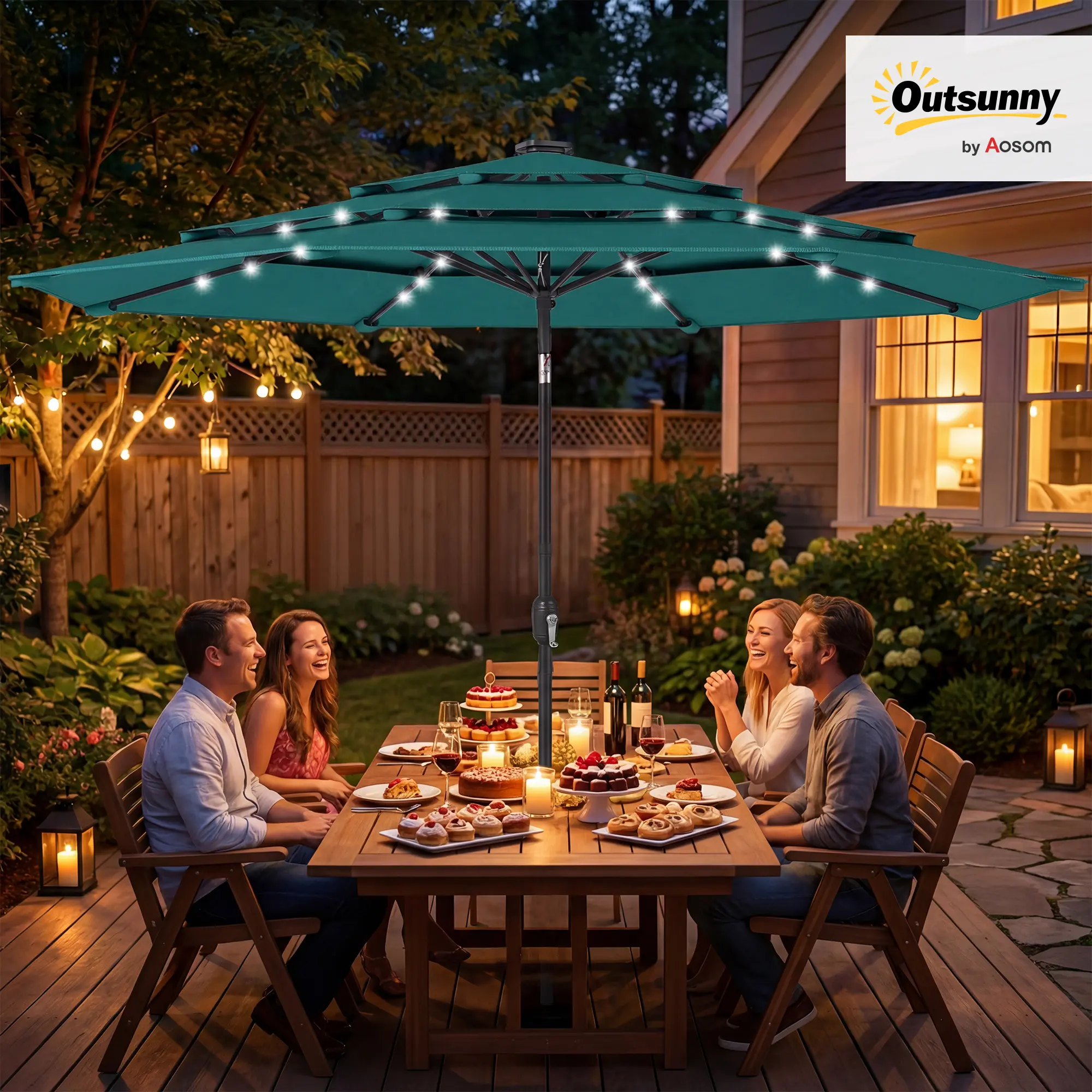 【LIVE ONLY】Outsunny 9.7 ft Outdoor Patio Umbrella with 32 Solar LED Lights, 3 Tier Outdoor Table Market Umbrella with Tilt and Crank, 8 Ribs for Garden, Deck, Yard, Poolside