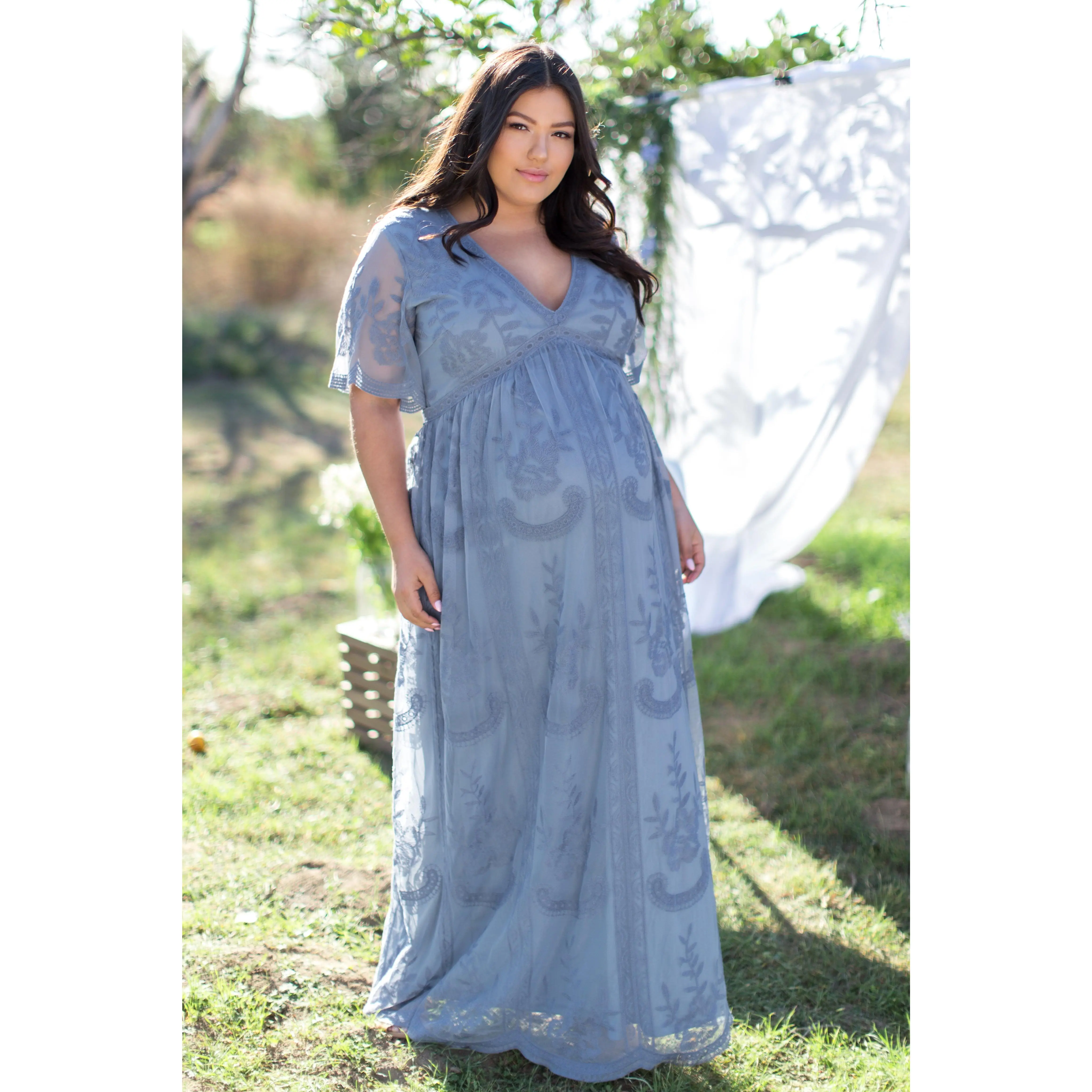 PinkBlush Blue Lace Mesh Overlay Plus Maternity Maxi Dress