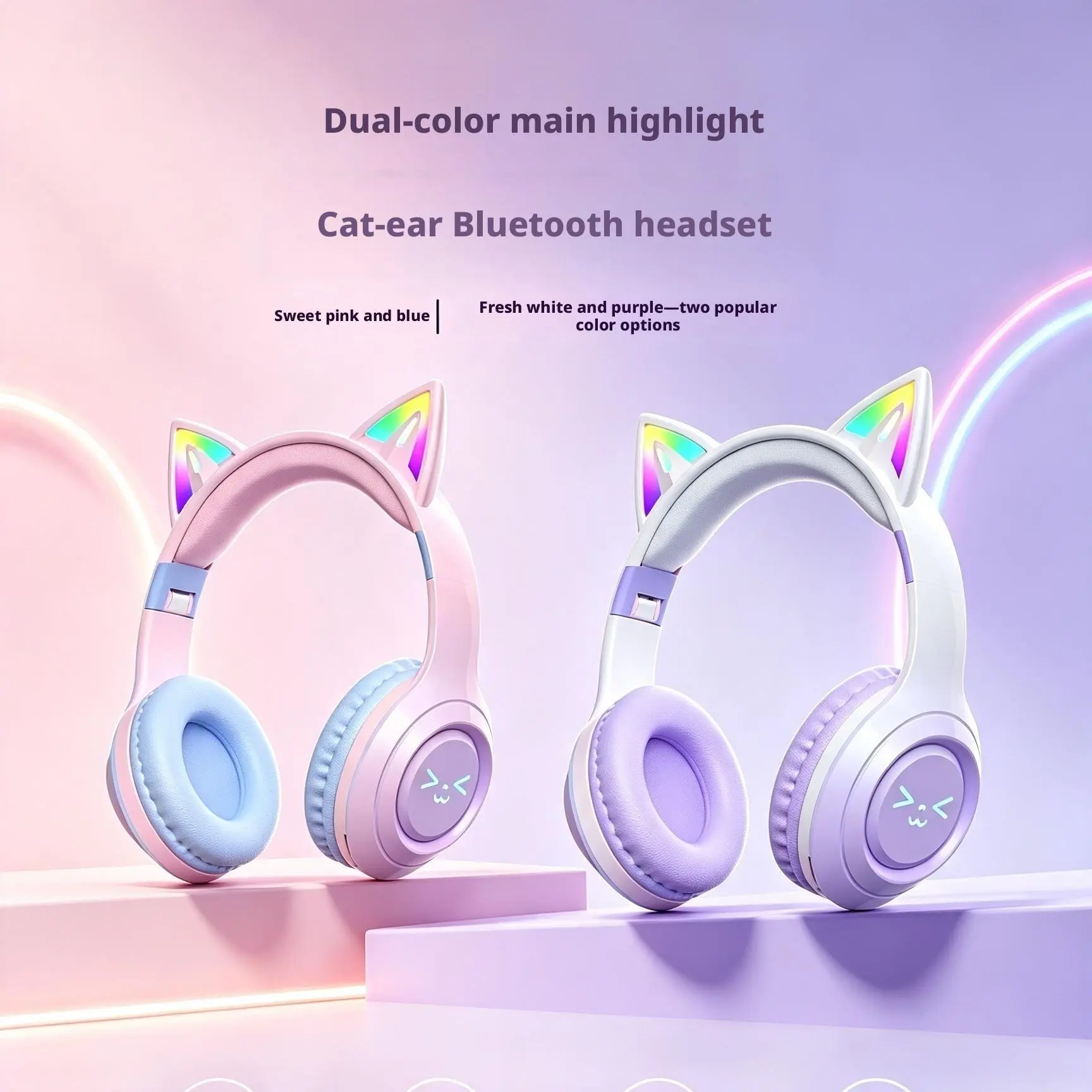 Gradient GB Cat-Ear Headset - Audio Electronic Device with Cool Lighting Effects, Foldable Portable Lightweight Body, Soft Cushioned Ear Pads, Distinct Sound Quality, Stable Connection