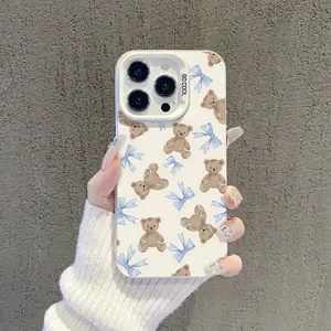 Fashionable bowknot bear pattern phone case, simple and trendy shockproof silver protective cover. Compatible with iPhone 17/16/15/14/13/12/11/X/XS/XS Max/XR/7 Plus/8 Plus/16E, suitable as a gift for various occasions.
