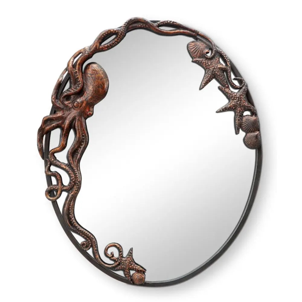 SPI Home Octopus Oval Wall Mirror – 26" Cast Iron Nautical Frame, Rustic Bronze Finish, Sea Life Coastal Wall Decor
