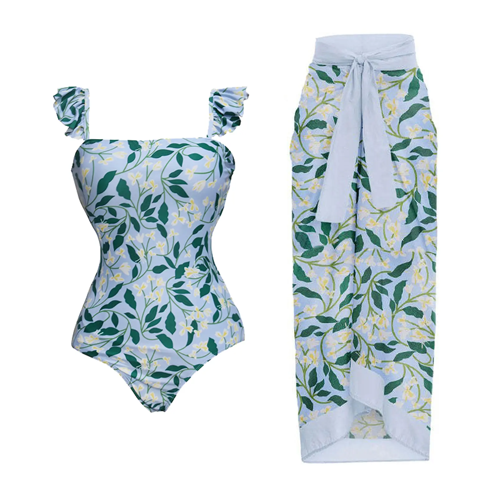 Women’s two-piece fashionable printed swimwear set | One-piece swimsuit + cover skirt, stylish beach swim skirt