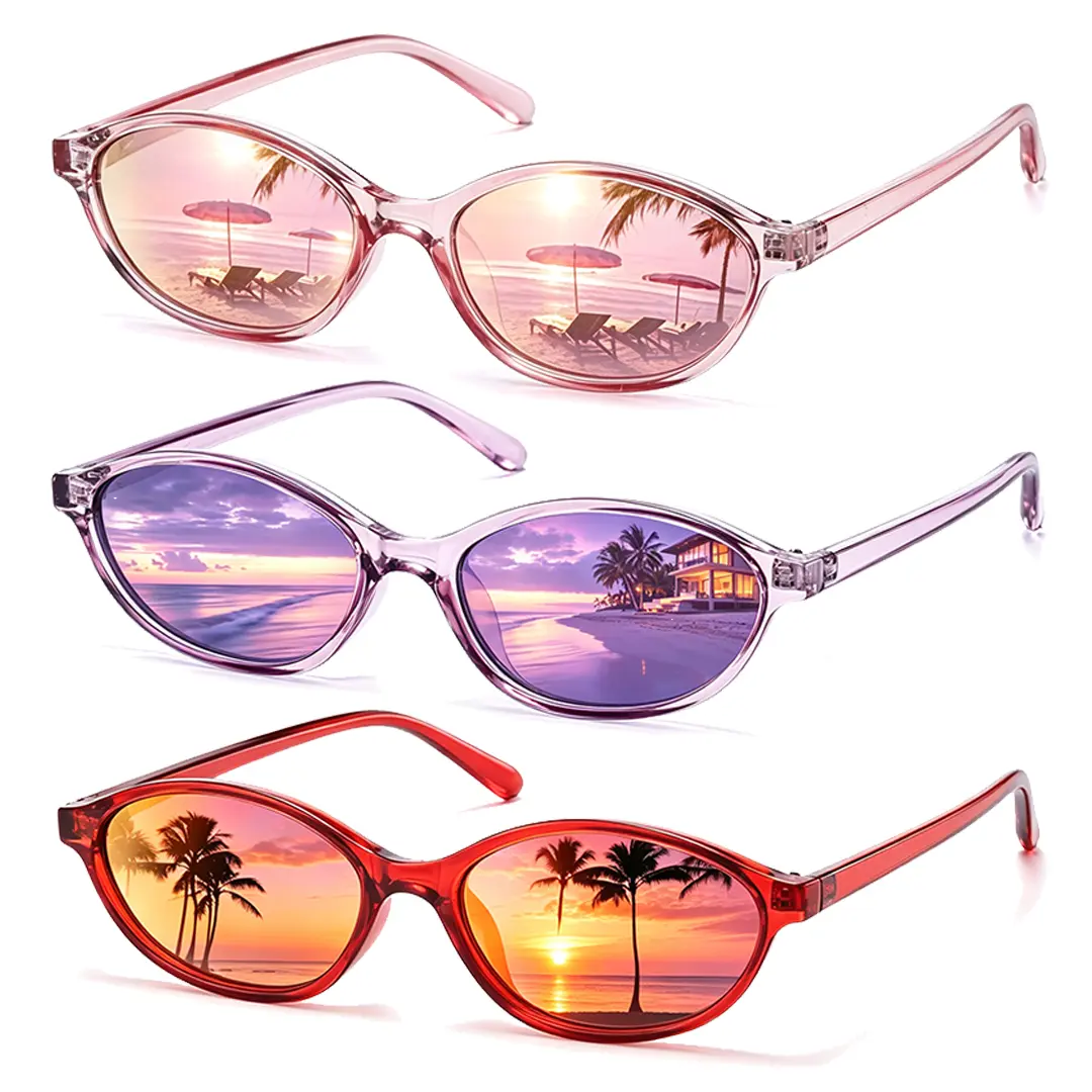 Retro Oval Cateye Sunglasses for Women Y2K Trendy Thin Frame UV400 Protection Summer Beach Shades 3 Packs Vintage Small Eyeglasses
