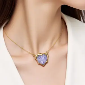 vibecharm Women's Irregular Heart Pendant Necklace - Long Gold-Tone Copper Box Chain, Colorful Tinted Glass Stone, Vintage Romantic Aesthetic Costume Jewelry, Daily Wear Gift