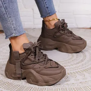 [Solid Color Sporty Sneakers] Solid Color Stylish Sneakers - Lace Up Casual Platform Low-top Shoes - Versatile Sporty Trainers
