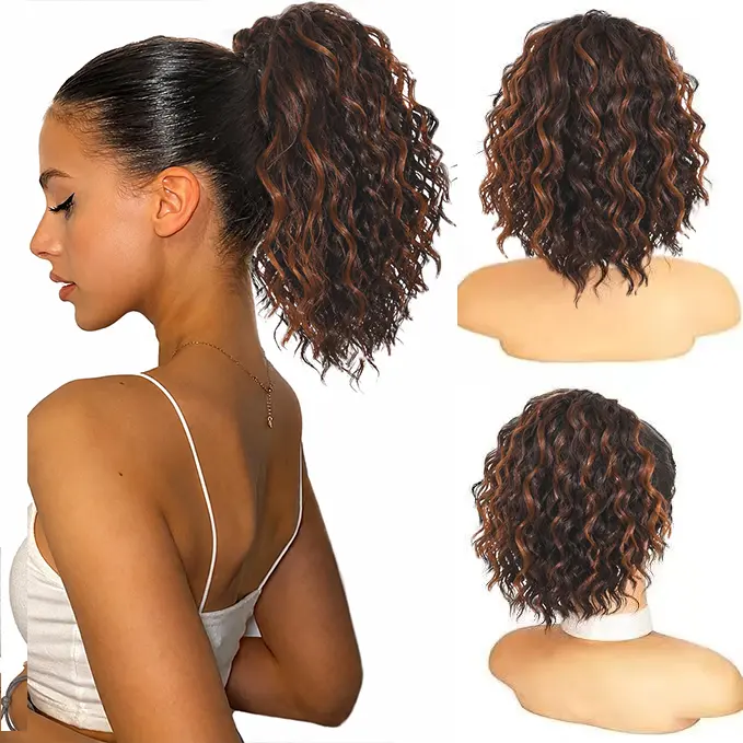 12 inch Ponytail Extension Drawstring Ponytail for Black Women Short Wavy Curly Ponytails Fluffy Natural Looking Pony Tails Hair Extensions Synthetic Hairpiece dark chocolate brown