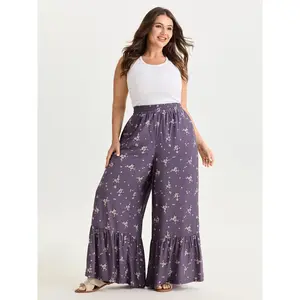 BLOOMCHIC Plus Size Floral Print Ruffled Hem Pants [M-6X]2026 Summer Vibes