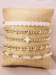 5Pcs/Set Bohemia Golden Beaded Bracelets For Women Faux Pearl Stackable Stretch Bead Ball Bracelet Cross Jewelry Set Gifts For Woman Teen Girls Valentine's Day Jewelry Gifts