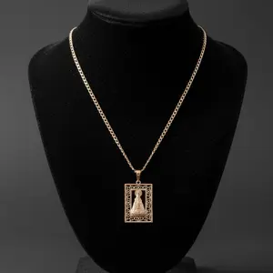 Elegant Gold-Tone Rectangle Pendant Necklace with Intricate Filigree Design for Women and Man ! With Caridad Del Cobre Virgin! Size 24”
