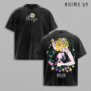 Reze vs Daisy Flower Anime Shirt - Bomb Devil Chainsaw Man Anime Romance Graphic Tee, Oversized Acid Washed Cotton Shirt, Bomb Girl & Denji Love Story Design, Vintage Manga Streetwear 2 version