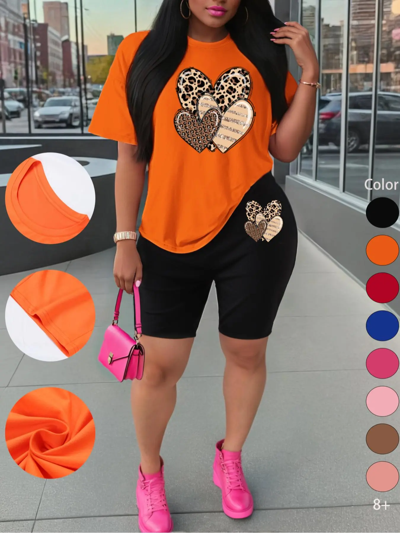Women's New Summer Short Sleeve and Shorts Set, Sporty Style Clothes, Stylish Heart Print Pattern Workout Sportswear, Comfortable Casual Outdoor Activewear Clothing for All Seasons