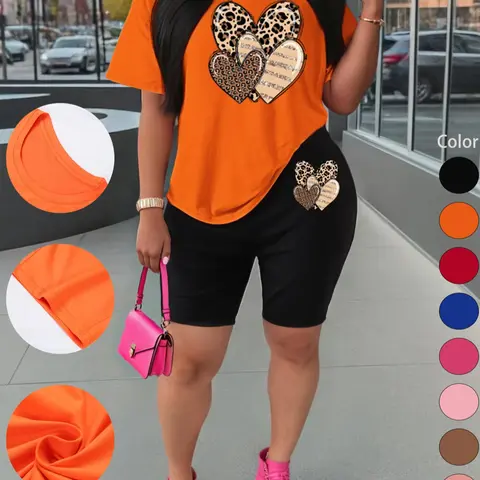 Women's New Summer Short Sleeve and Shorts Set, Sporty Style Clothes, Stylish Heart Print Pattern Workout Sportswear, Casual athletic sportswear, Comfortable Casual Outdoor Activewear Clothing for All Seasons, Sportswear Outfit