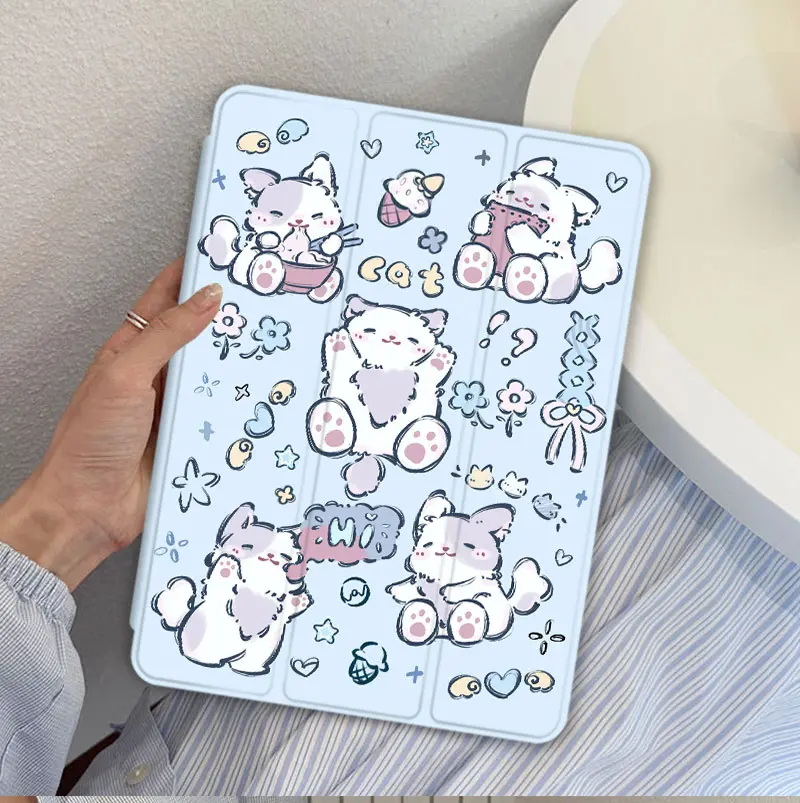 Pastel Blue Chubby Cat Collage Trifold Case for  iPad Mini4-7/Air1-7/Gen5-11/Pro11  for Galaxy Tab S6 Lite/S10 lite/A9+/S7-S10FE/S7+-S10+ - Perfect for Daily Commutes, Campus Study, Café Work, Home Relaxing, Library Reading & Casual Outings【AR017
