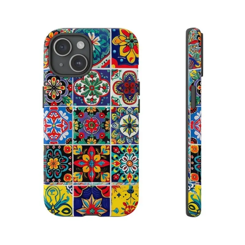 Mexican Tile Art Cantina Style Polycarbonate Dual-Layer Shock-Resistant Smartphone Case - Colorful, Durable Casing with Raised Bezels for iPhone 11-17 Pro, ProMax, Plus, Air & Accessory Compatible