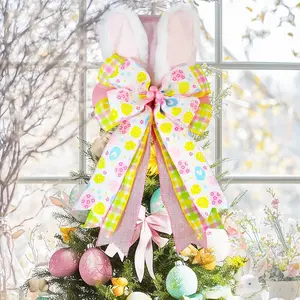 Easter Tree Topper Hat with Bunny Ears, Pink Velvet Top Hat with Bow Egg Ribbon Spring Tree Decorations Ornament for Easter Christmas Tree Indoor Outdoor