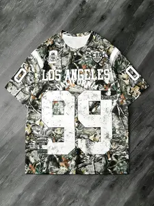 Unisex Street Style Camo Tree Branch Pattern Short Sleeve Shirt, Vintage Los Angeles & Number 99 Print, Spring Fashion, Streetwear, Activewear, Hip Hop, Outdoor Sports