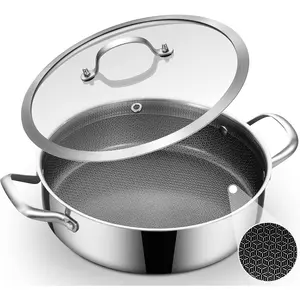 5 QT Hybrid Nonstick Saute Pan with Lid, Tri-Ply Stainless Steel 12 Inch Deep Frying Pan Cookware, PFOA & PFOS Free, Induction Compatible,  Cooktops, Oven & Dishwasher Safe