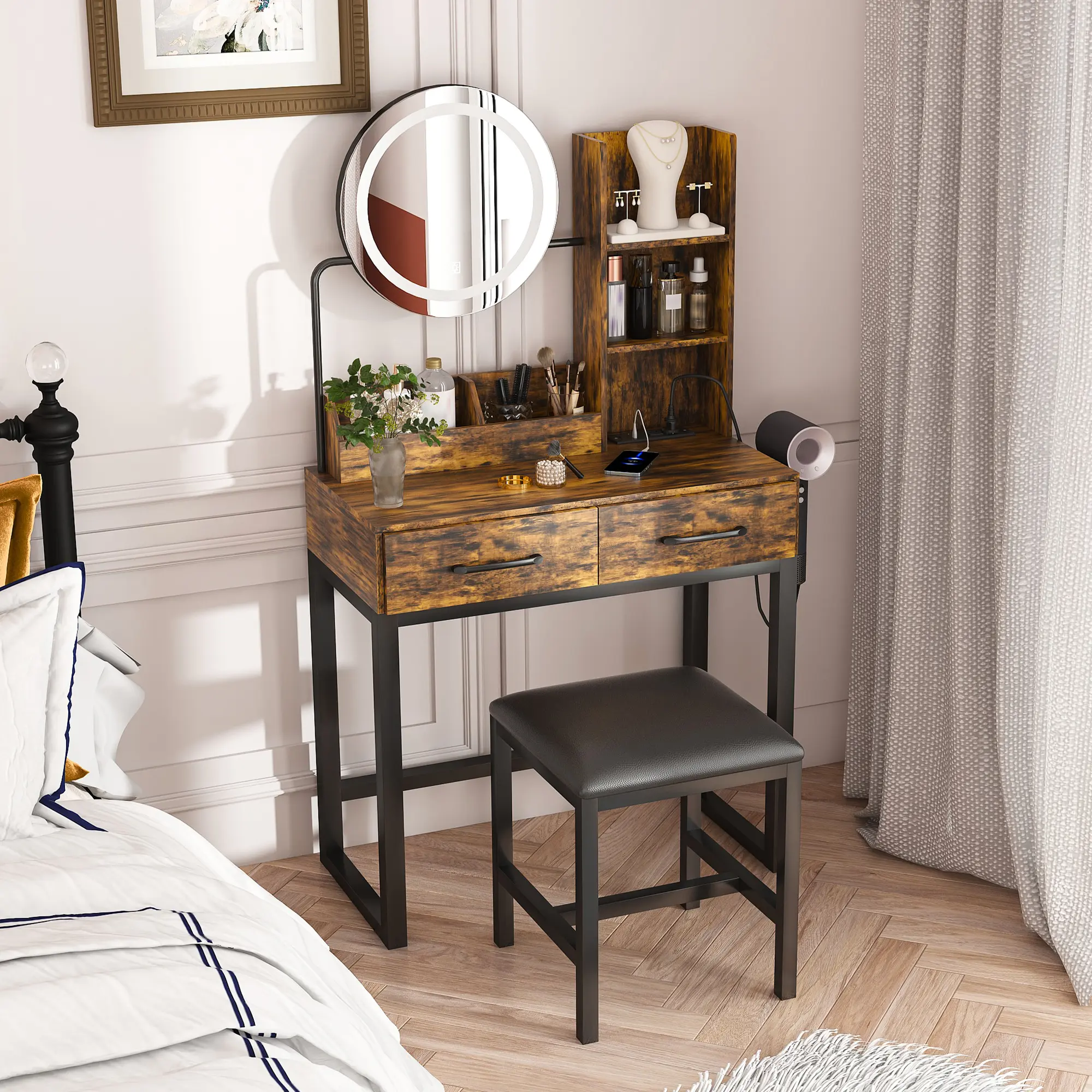Makeup Vanity with LED Lights & 3-Color Adjustable Mirror, Vanity Organization Piece with AC Outlets, Storage Drawers, Hair Dryer Stand, Beauty Organization, Sturdy Metal Legs & Chair for Bedroom