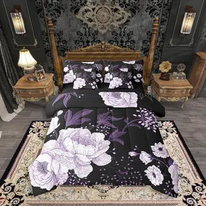 Vintage Purple Floral 7 Pcs Bedding Set,Peony Flower Bed Bag,Botanical Leaf Plant Bed Set,Includes Comfortersheet Set,Pillowcases  Bed Set