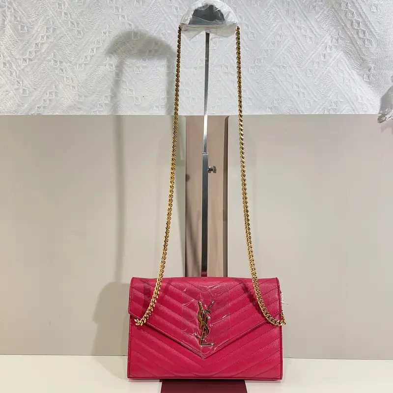 Pre-owned YSL leather Crossbody Bags Yves Saint laurent Pink Chevron Quilted Grained Envelope Wallet on Chain qiqia8441