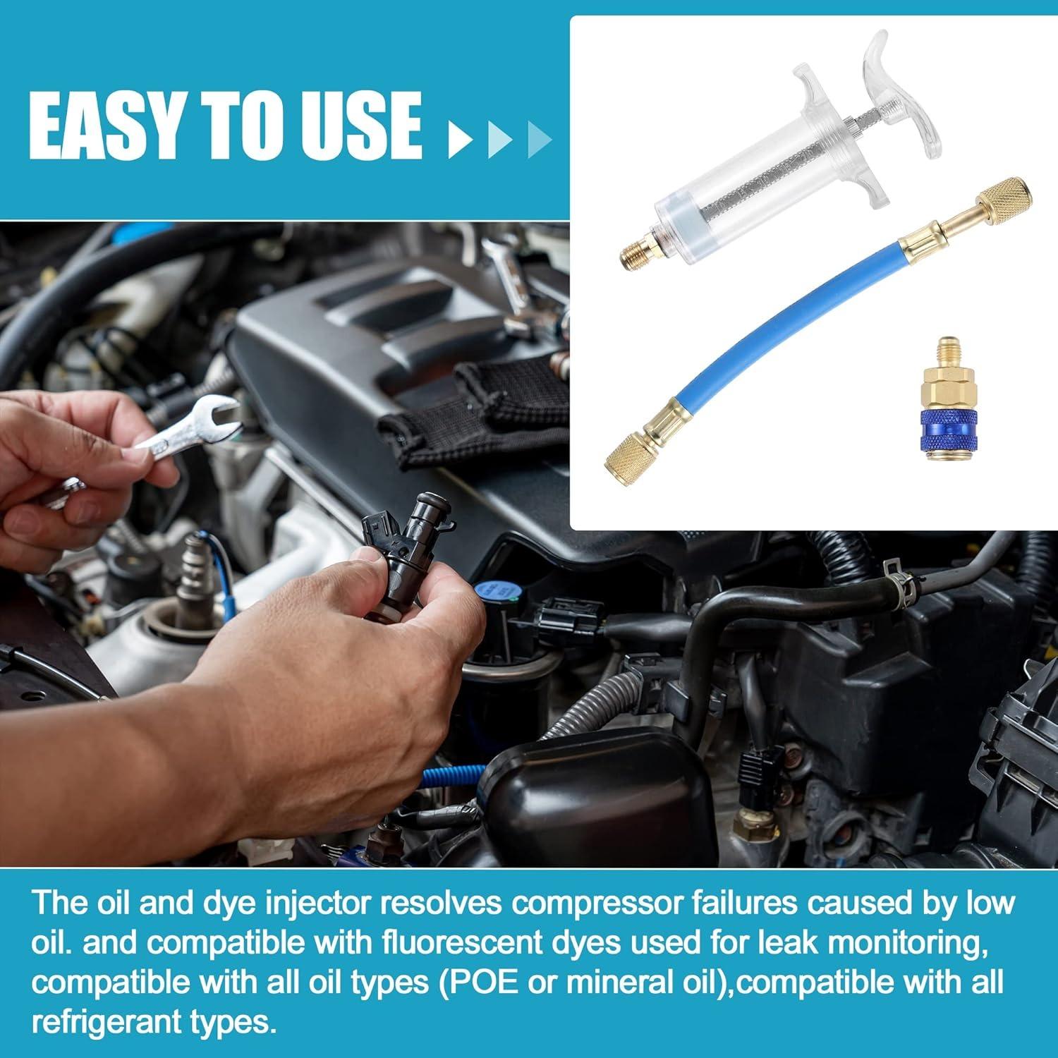 GJANSH Oil and Dye Injectors Kit 30ml/1 Oz Hand Push Compressor Manual AC Oil Dye Injector with Quick Coupler 1/4 SAE Connector Car HVAC Compressor Oil Dye Injector Refrigerant Tool