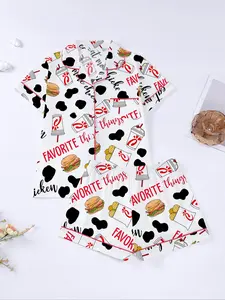 Women's Casual Two-Piece Pajama Set, Food & Drink Print, Fitted Short Sleeve Top, Elastic Shorts, All-Season Comfortable Sleepwear