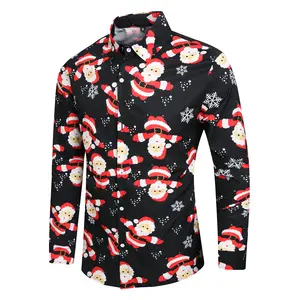 Junbaoss Men's Christmas Santa Claus Print Long Sleeve Shirt - Black Ugly Christmas Button Down Shirt with Snowflake Pattern for Holiday Party, Xmas Casual Dress Shirt Floral Natural Stylish Hawaiian