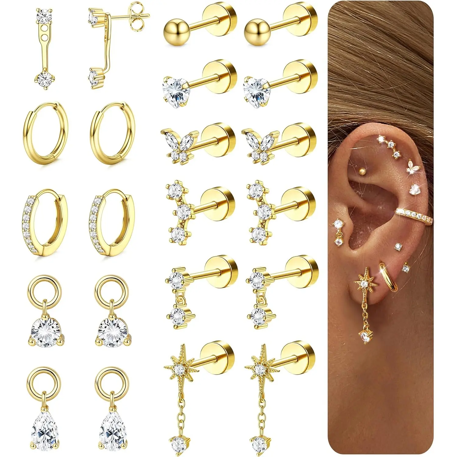 FIASASO Hypoallergenic Flat Back Earrings Jewelry - Medical Steel Cartilage Stud Hoops, Flat Pierced Earring Stack Sets for Sensitive Ears Women, Gold Silver Helix Tragus Conch Trendy Gift
