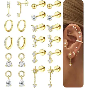 FIASASO  Hypoallergenic Flat Back Earrings Cartilage - Gold Silver Earring Stacks Surgical Stainless Steel Helix Tragus Conch Flatback Stud Hoop Earring Sets for Sensitive Ears Women Trendy Gift
