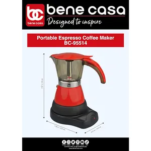 Electric Espresso Maker 1-3 Cup Red with Transparent Carafe, Smoothie Blender Compatible