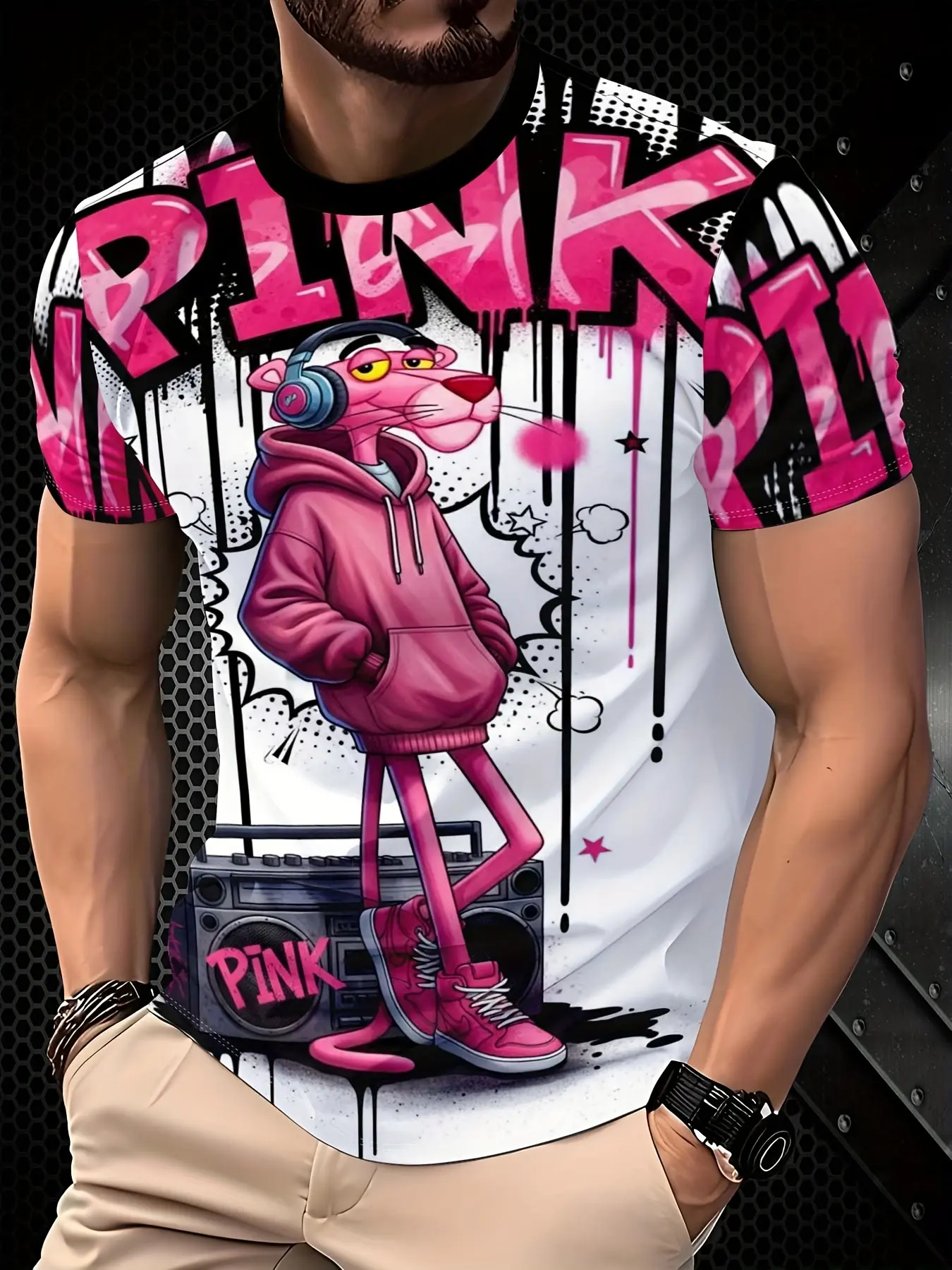 Men's Pink Panther Hip Hop Headphones PINK Graffiti 3D Print Round Neck T-Shirt, Graphic Printed Tee, Casual Street Fashion Slim Fit Top