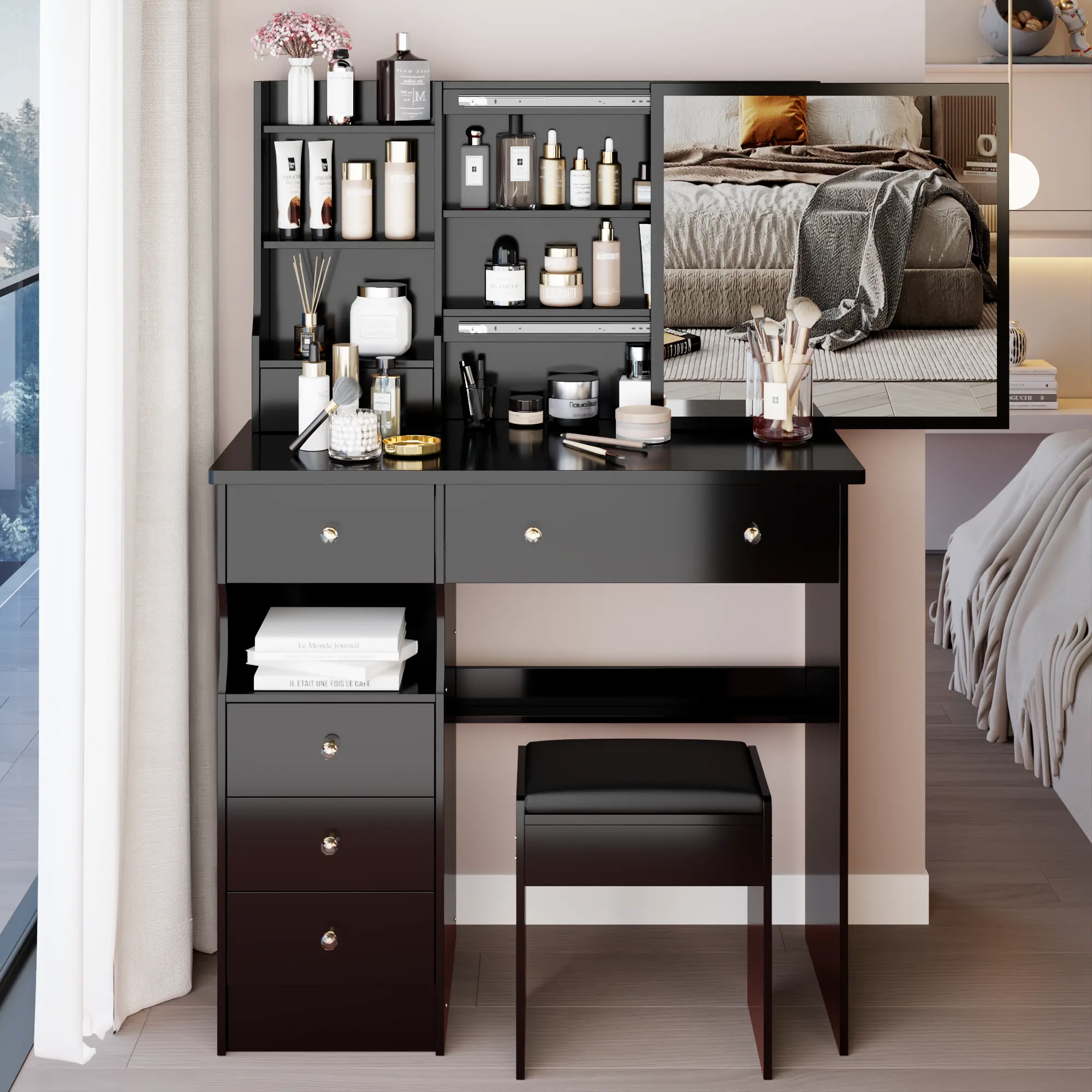 37" Left Drawer Desktop Makeup Vanity Table + Cushioned Stool, Extra Large Right Sliding Mirror, Multi Layer High Capacity Storage, Practical Fashionable Makeup Dressing Set
