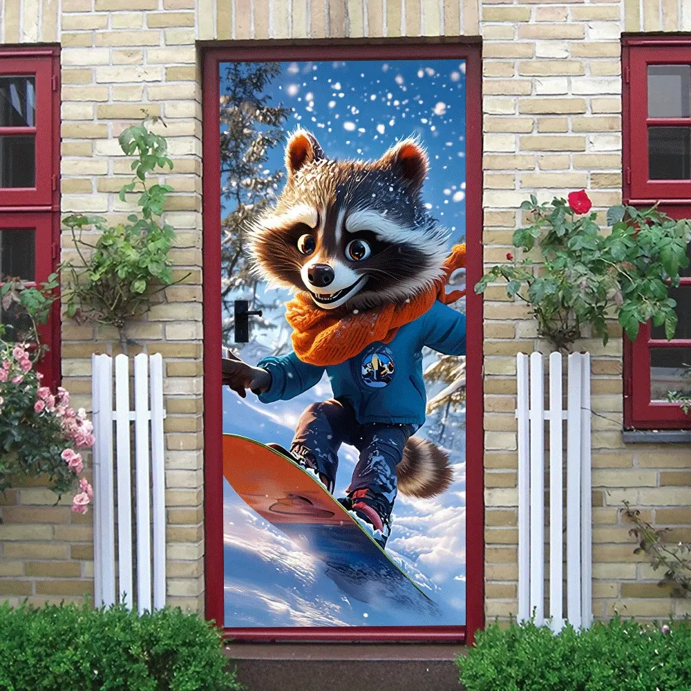 2pcs Winter Fun Skiing Raccoon Wall Sticker Cartoon Animal Decoration for Kids Room Bedroom Removable Self Adhesive Wall Decal Creative Home Wall Decor Sticker Collage Self-Adhesive Door Sticker