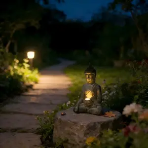 Solar Light Buddha Statue Resin Zen Meditation Decor, Spiritual Garden Figurine for Home Patio Yard Relaxation Night Lights Gift