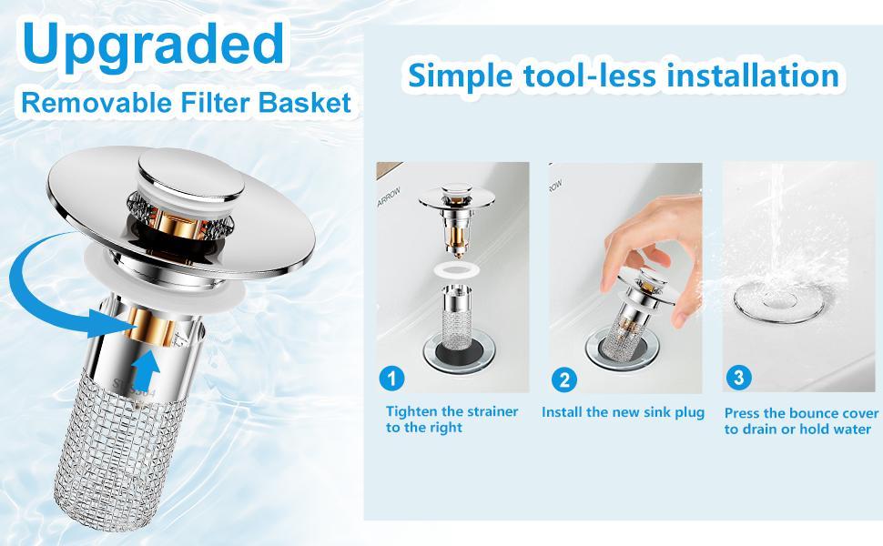 Bathroom Sink Stopper, Universal Drain Filter with Hair Strainer, Universal Bathroom Sink Drain Pop Up Stopper for Stainless Steel Floor Drain Filter
