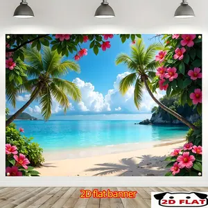 Tropical Beach Party Banner, Turquoise Ocean, Palm Trees, Hibiscus Flowers, Hawaiian Theme Design, Turquoise Blue and Colors