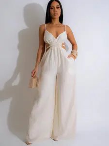 Women's Solid Backless Deep V Neck Fitted Wide Leg Breathable Jumpsuit, Casual Pocket Sleeveless Spaghetti Strap Cami Jumpsuit for Spring & Fall, Women's Clothes for Daily Wear