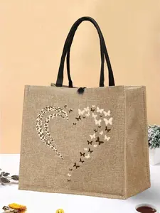 Butterfly Print Handbag, Hemp Material, Fashionable Pattern, Includes Coin Purse, Perfect for Shopping, Travel, Beach, Daily Use, Gift