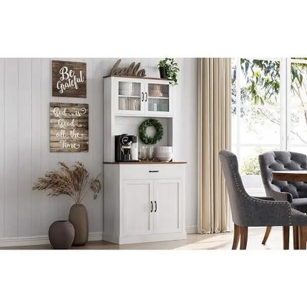 Versatile pantry cabinet for kitchen & dining room – Tall sideboard with glass doors, microwave shelf, height-adjustable shelves & drawer, generous storage space – Color: Washed White
