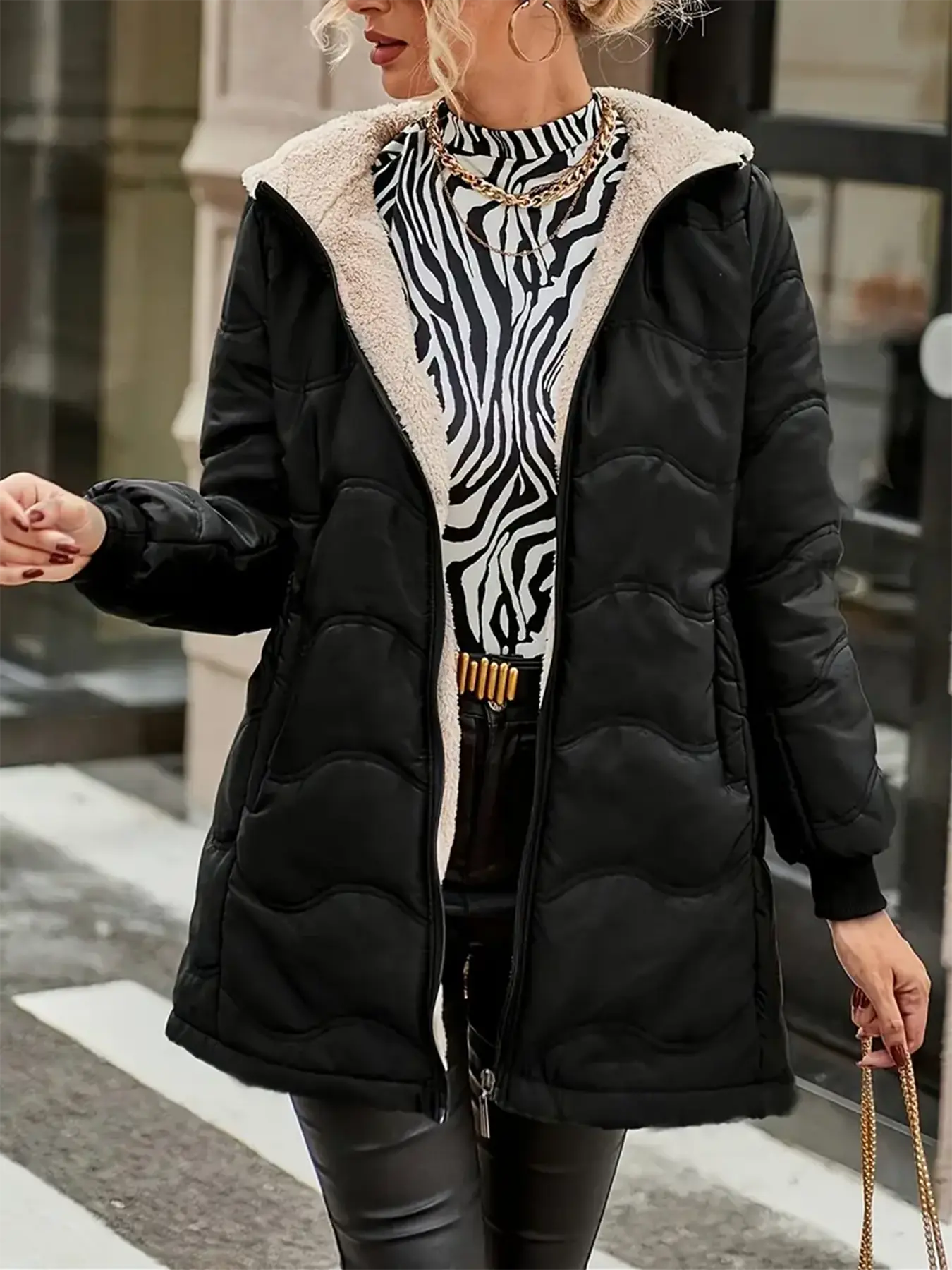 Women's Soft Long-Sleeve Hooded Zip-Up Coat - Autumn Winter Minimalist Lightweight Waterproof Solid Color Thick Fleece-Lined Jacket, Casual Top for Jeans Pairing, Outdoor Use