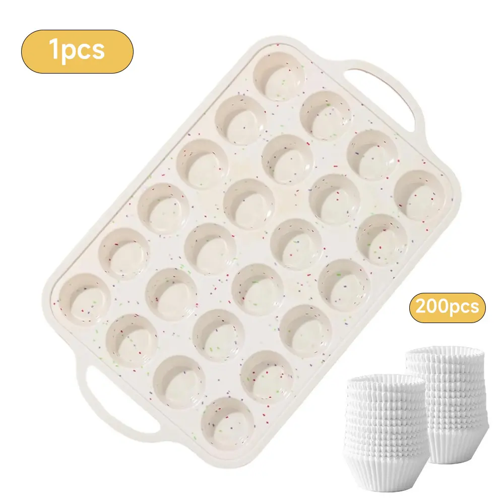 24 Cups Durable Silicone Cupcake Pan Silicone Mini Muffin Pan With Metal Reinforced Frame   and 200pcs Standard White Cupcake Liners for  Baking, Upgraded Natural Muffin Liners, Balance Non-Stick & Non-Slip, Greaseproof Parchment Paper, Cupcake Wrapper
