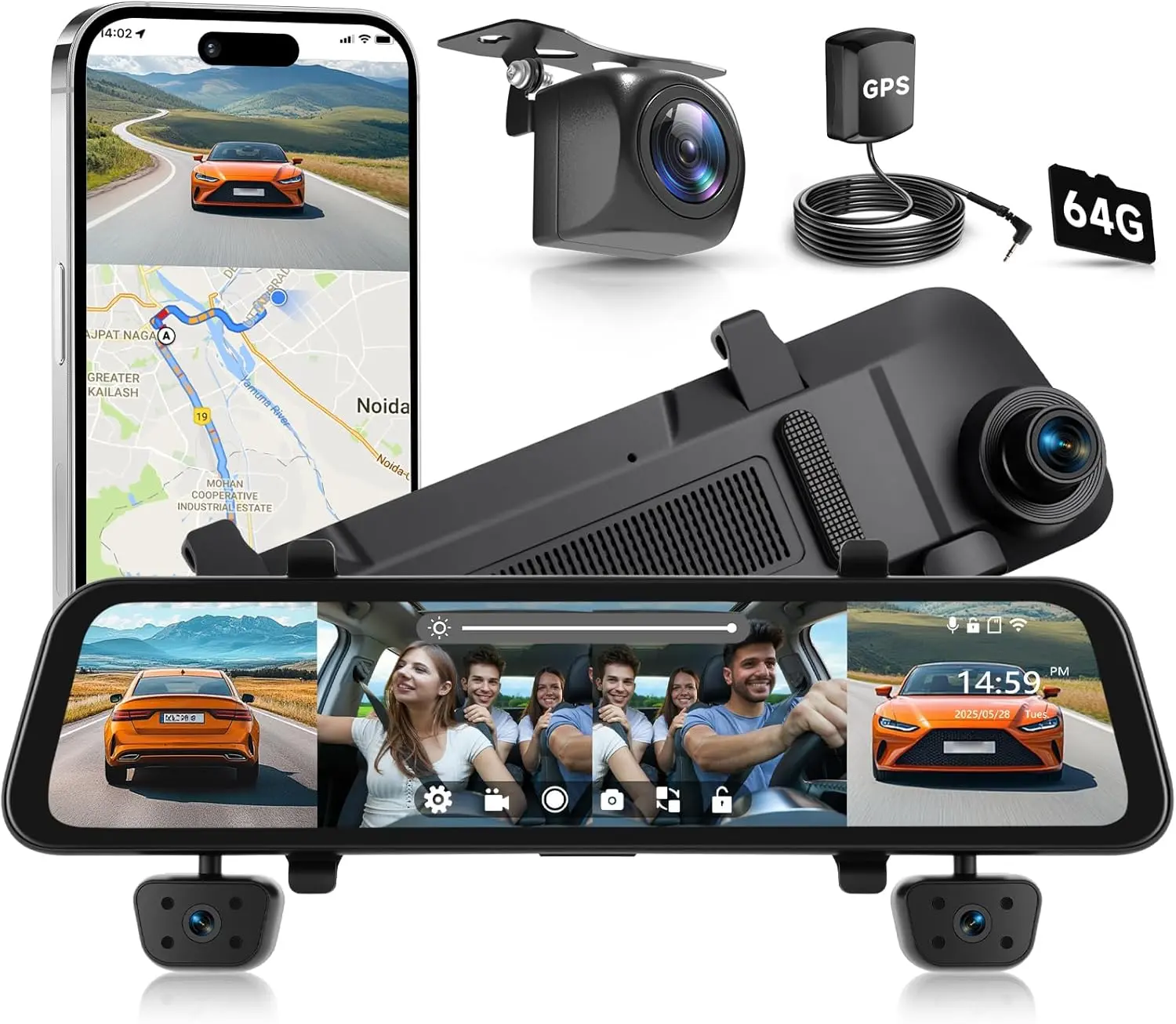 12" HD Touch Screen Mirror Car Dashboard Camera, 4-Channel 1080P Front/Rear Backup Cam, Wi-Fi, APP Support, GPS, Night Vision, G-Sensor, Parking Monitor, Reversing Assistance + 64G SD Card