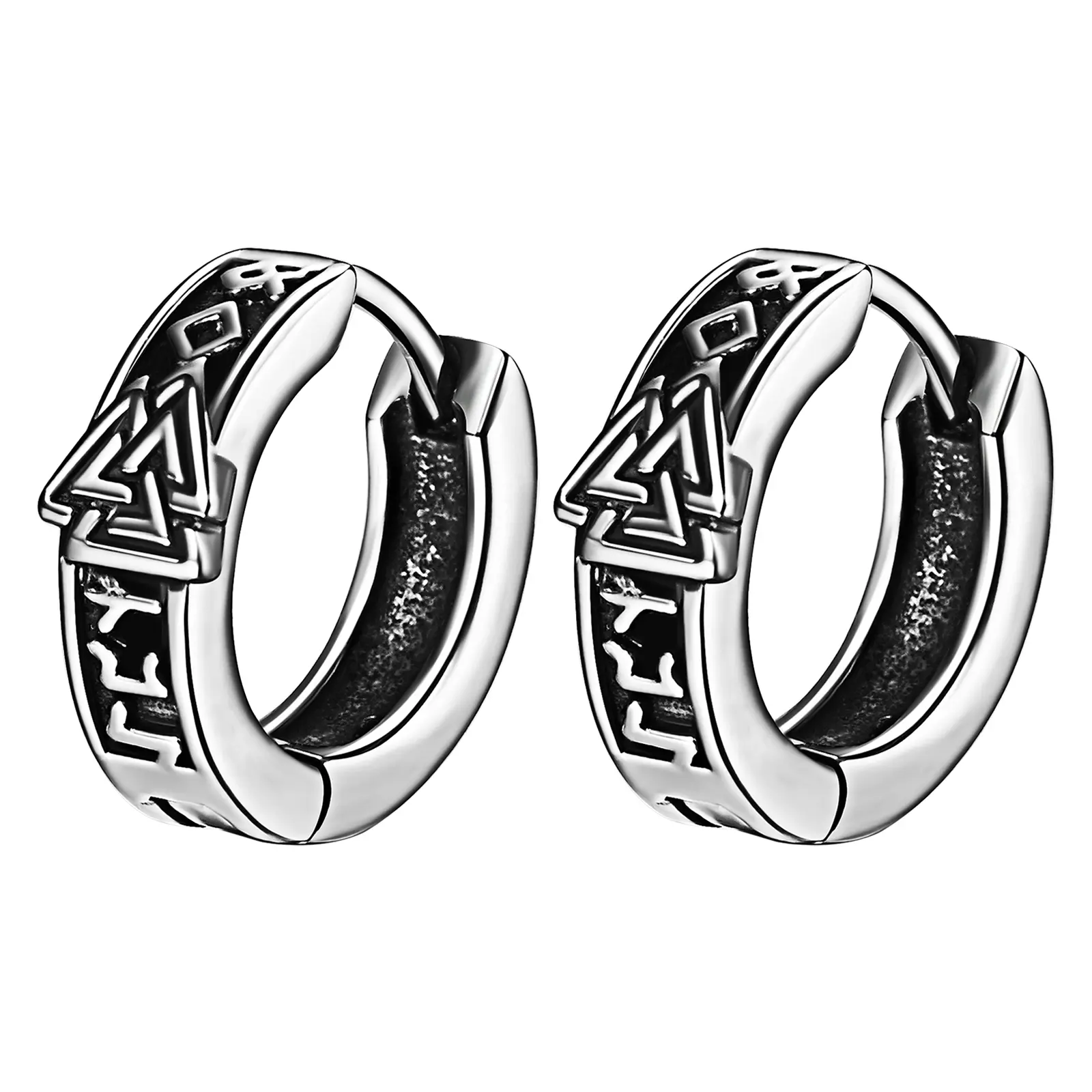 Unisex Lightweight Stainless Steel Viking Huggie Hoops Earrings - Silver, Vintage Valknut Runes Design, Norse Mythology Culture Protection Amulet, Everyday Costume Jewelry Gift Item, Thanksgiving, Triangular, Anniversary, Birthday, Christmas